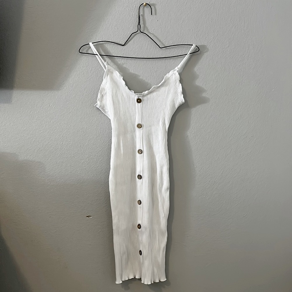 white summer button-up corduroy ribbed mini midi dress sz. medium - Picture 1 of 4